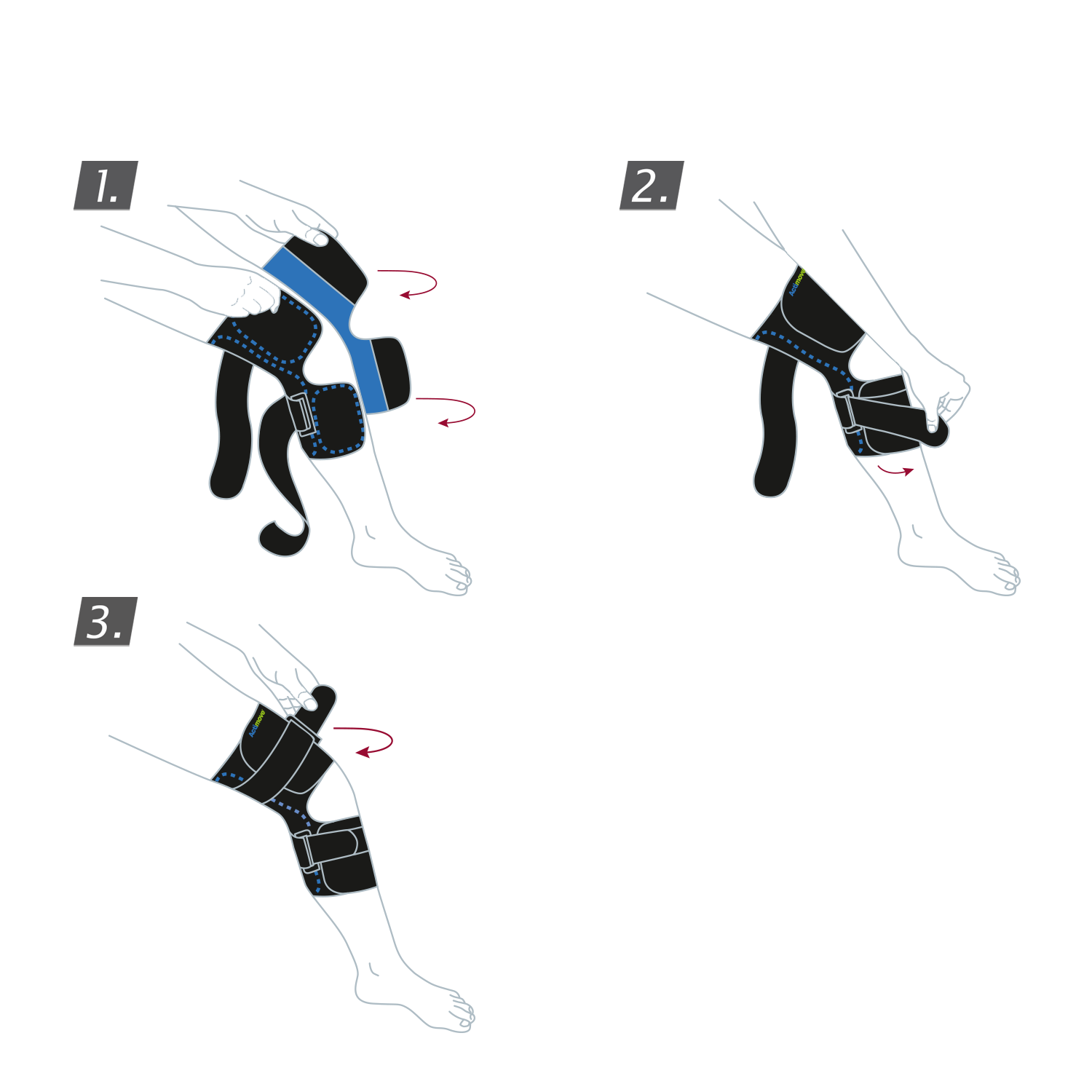 How to put on the Actimove Sports Edition Knee Brace Wrap Around: wrap your brace around your leg and fasten the straps
 How to put on the Actimove Sports Edition Knee Brace Wrap Around: wrap your brace around your leg and fasten the straps